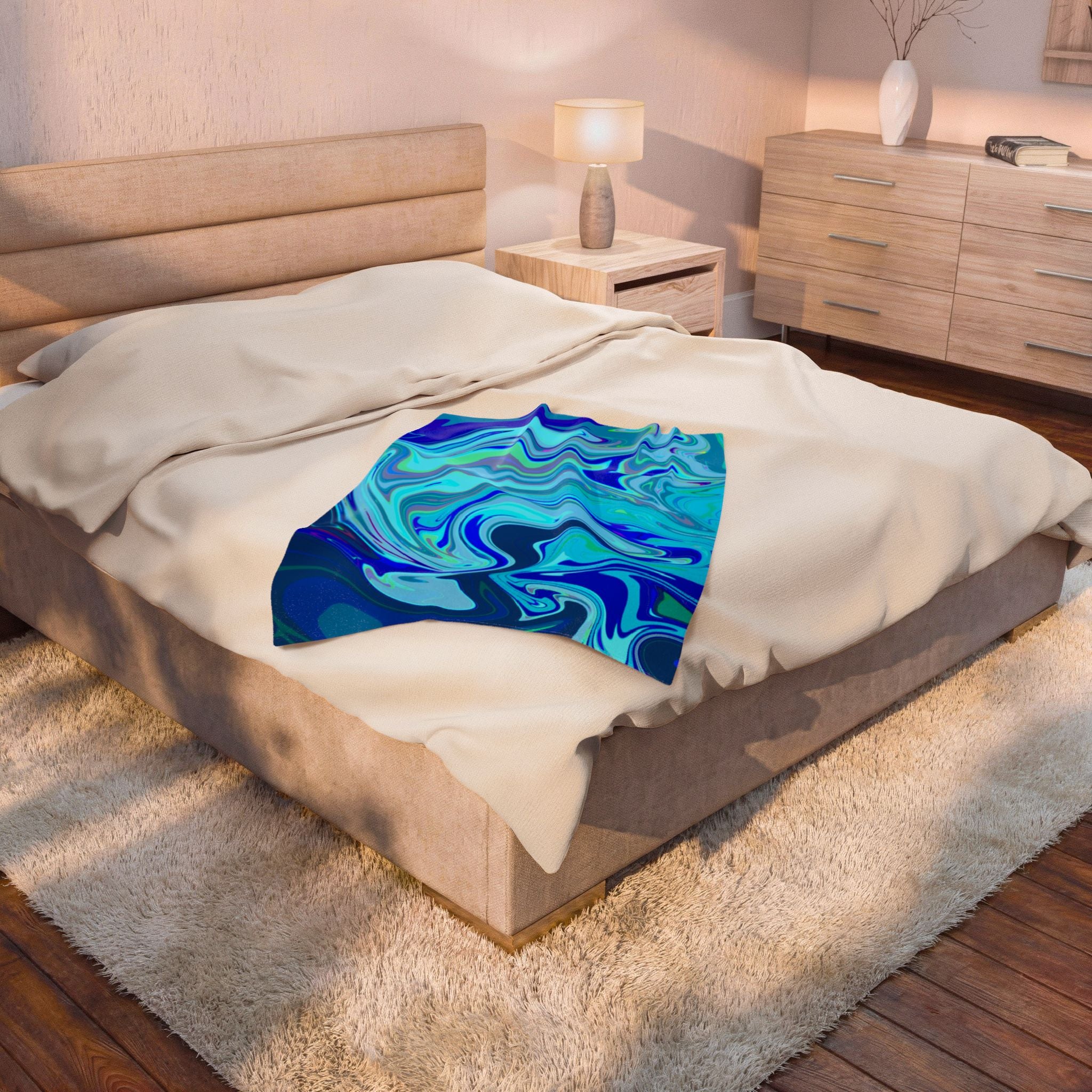 Blue Marble Swirl Velveteen Plush Blanket | Abstract Ocean Waves
