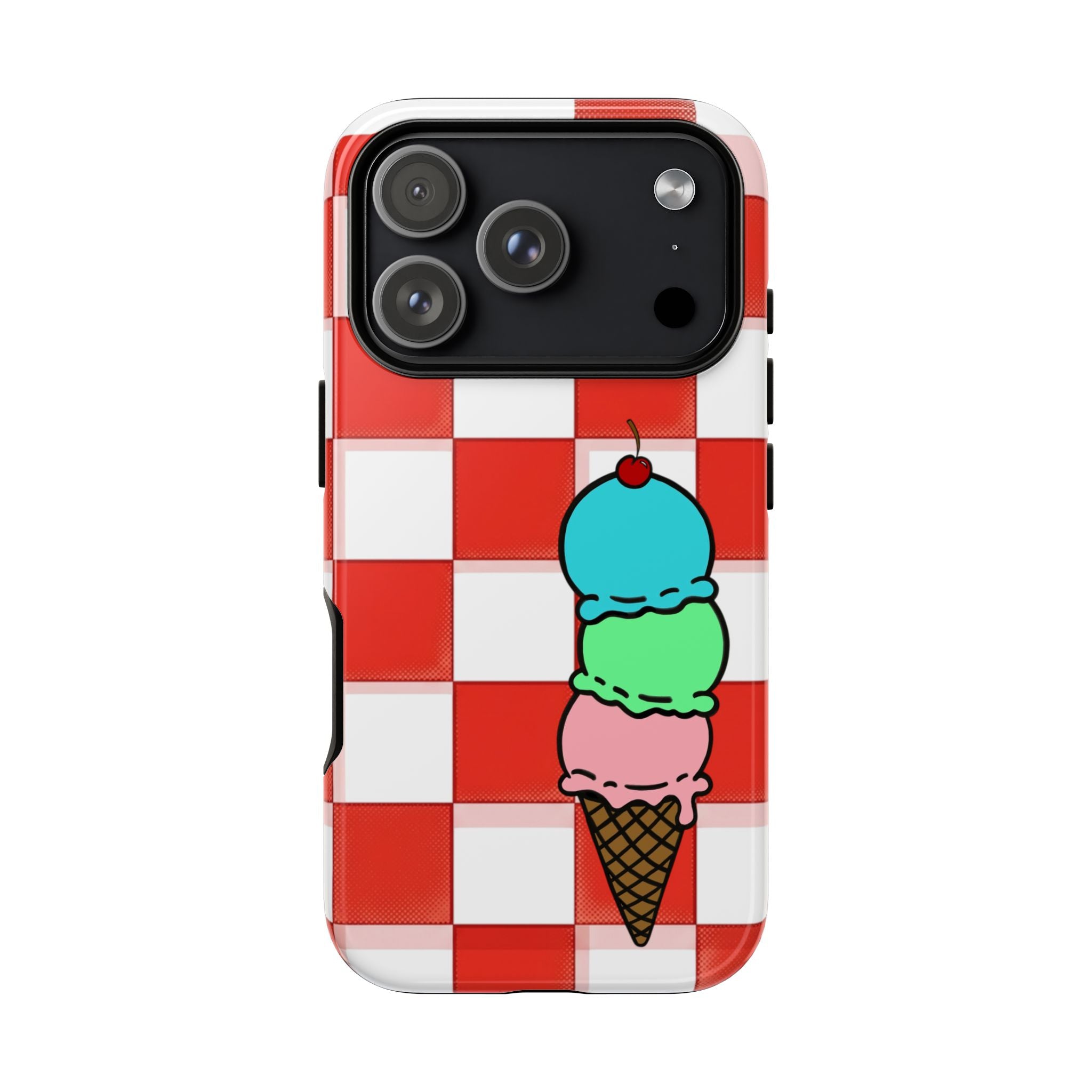 Ice Cream Cone iPhone Case — Red Picnic Tablecloth Pattern with Triple Scoop & Cherry