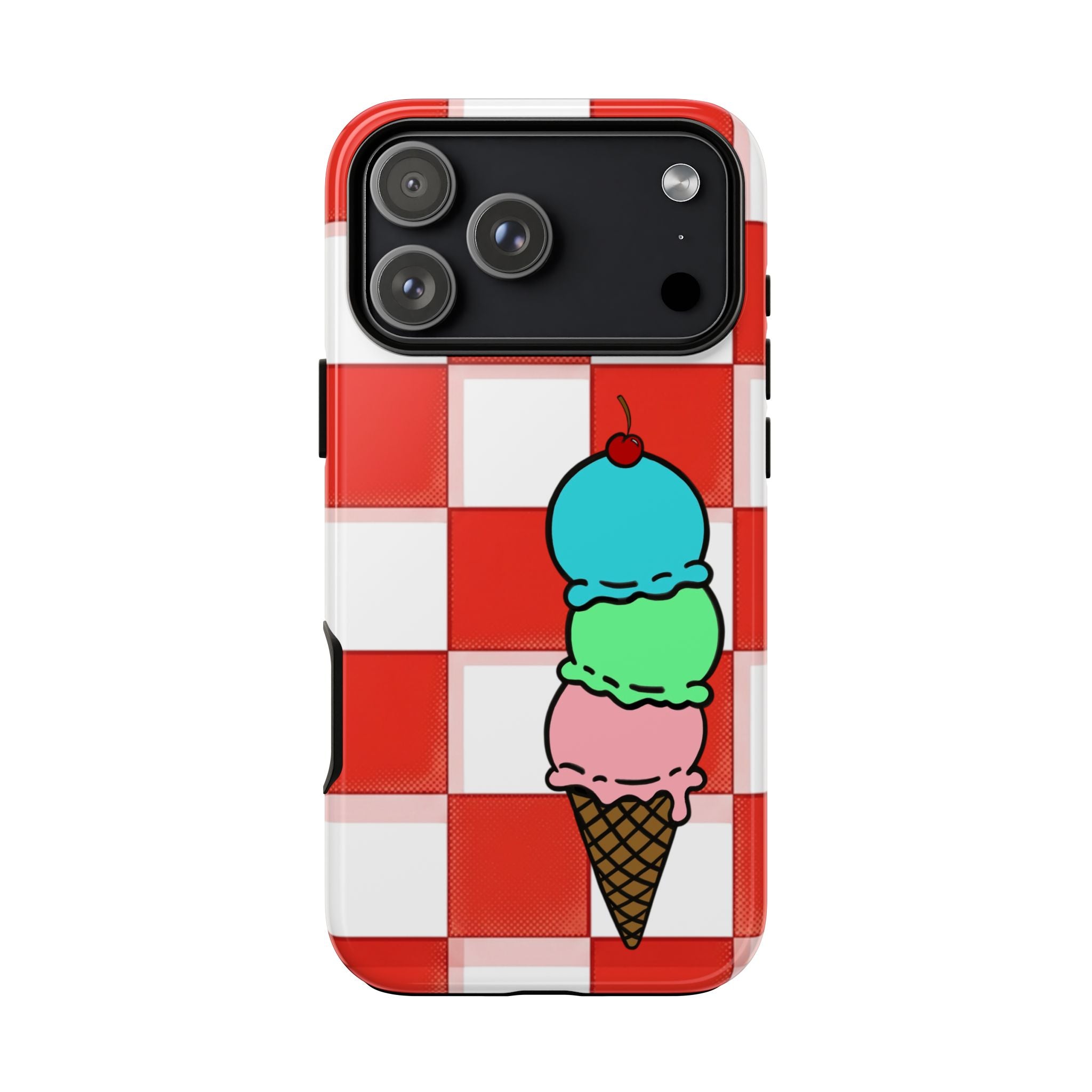 Ice Cream Cone iPhone Case — Red Picnic Tablecloth Pattern with Triple Scoop & Cherry