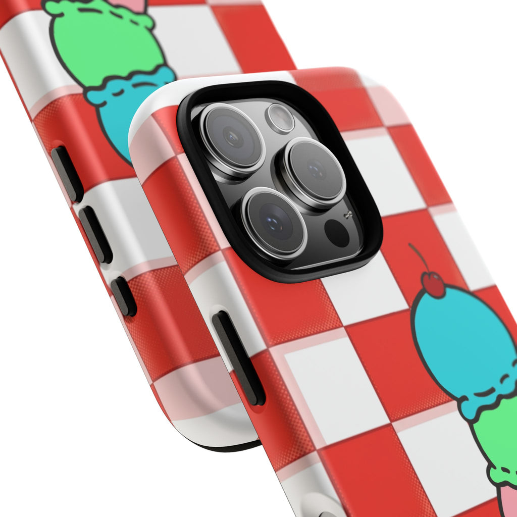 Ice Cream Cone iPhone Case — Red Picnic Tablecloth Pattern with Triple Scoop & Cherry
