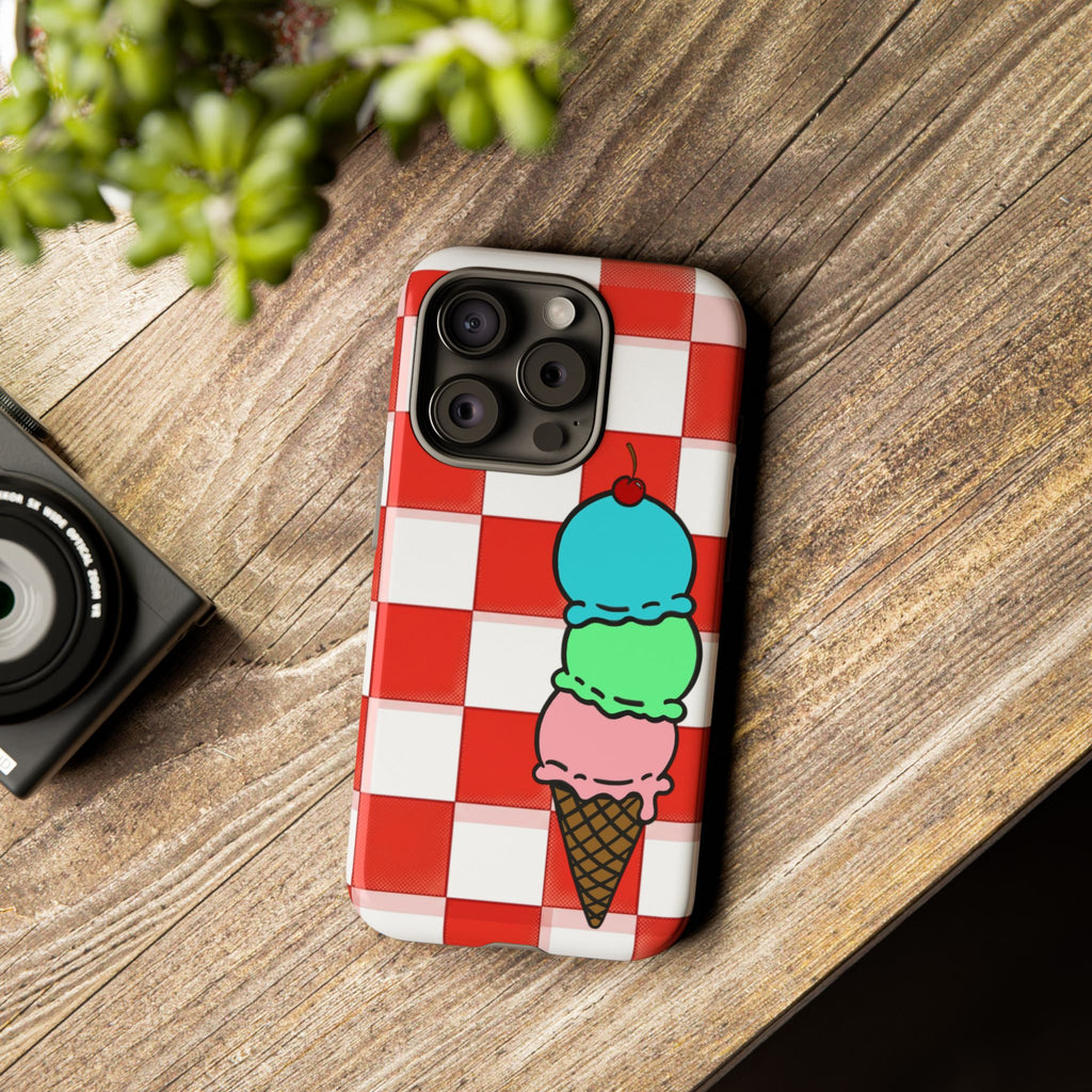 Ice Cream Cone iPhone Case — Red Picnic Tablecloth Pattern with Triple Scoop & Cherry