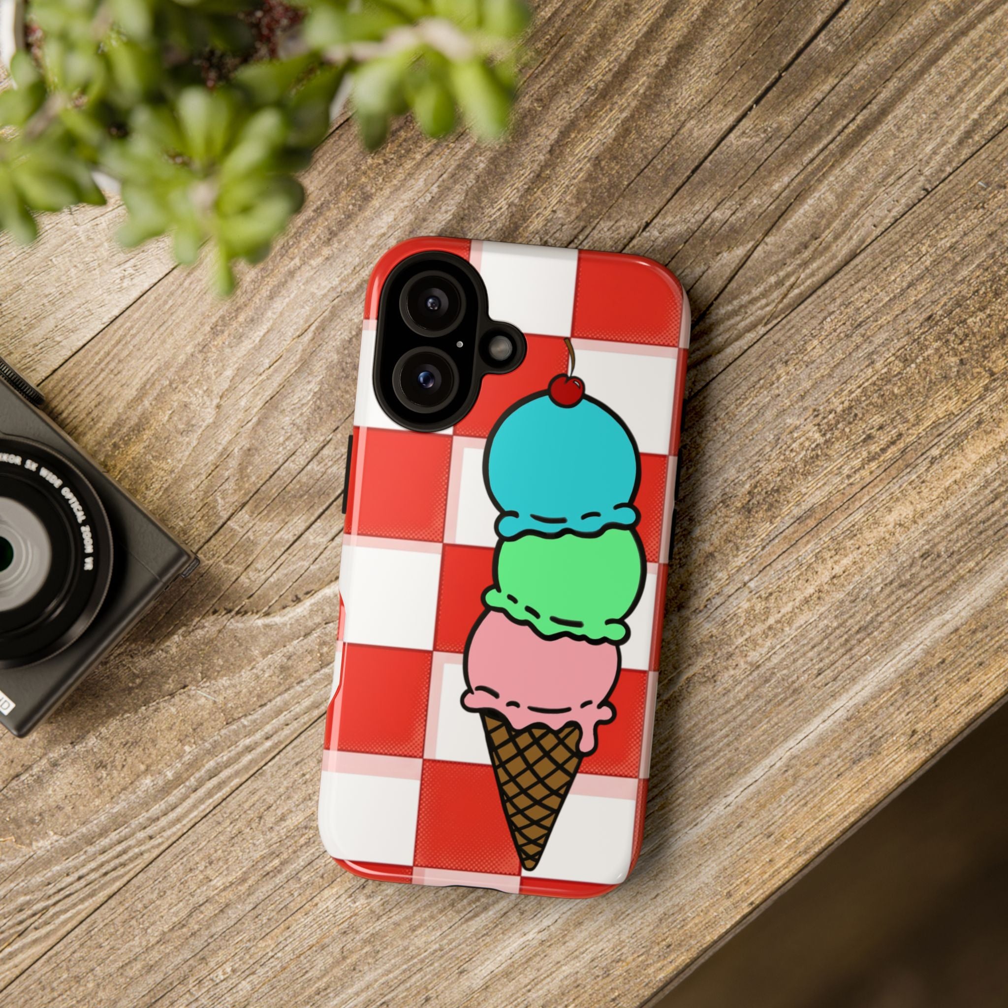 Ice Cream Cone iPhone Case — Red Picnic Tablecloth Pattern with Triple Scoop & Cherry