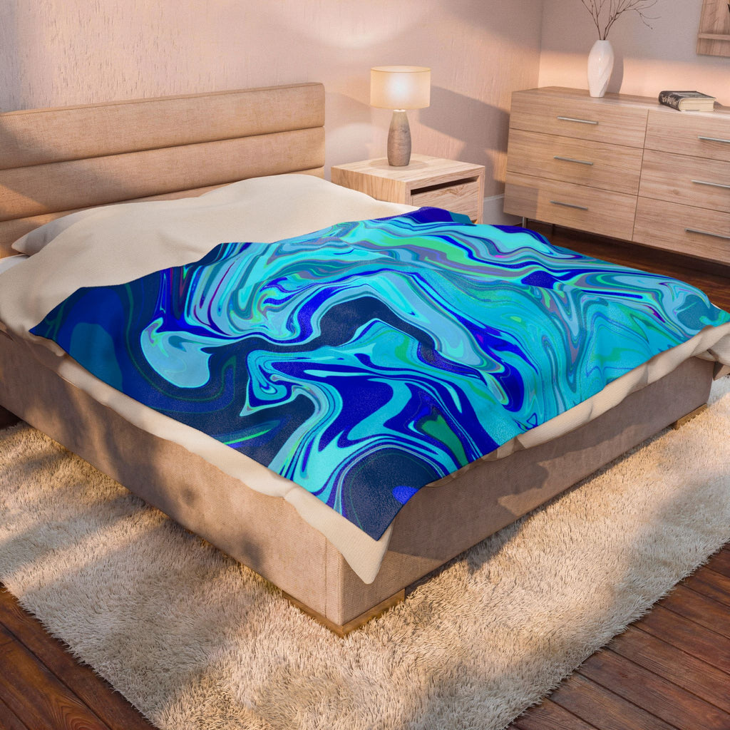 Blue Marble Swirl Velveteen Plush Blanket | Abstract Ocean Waves