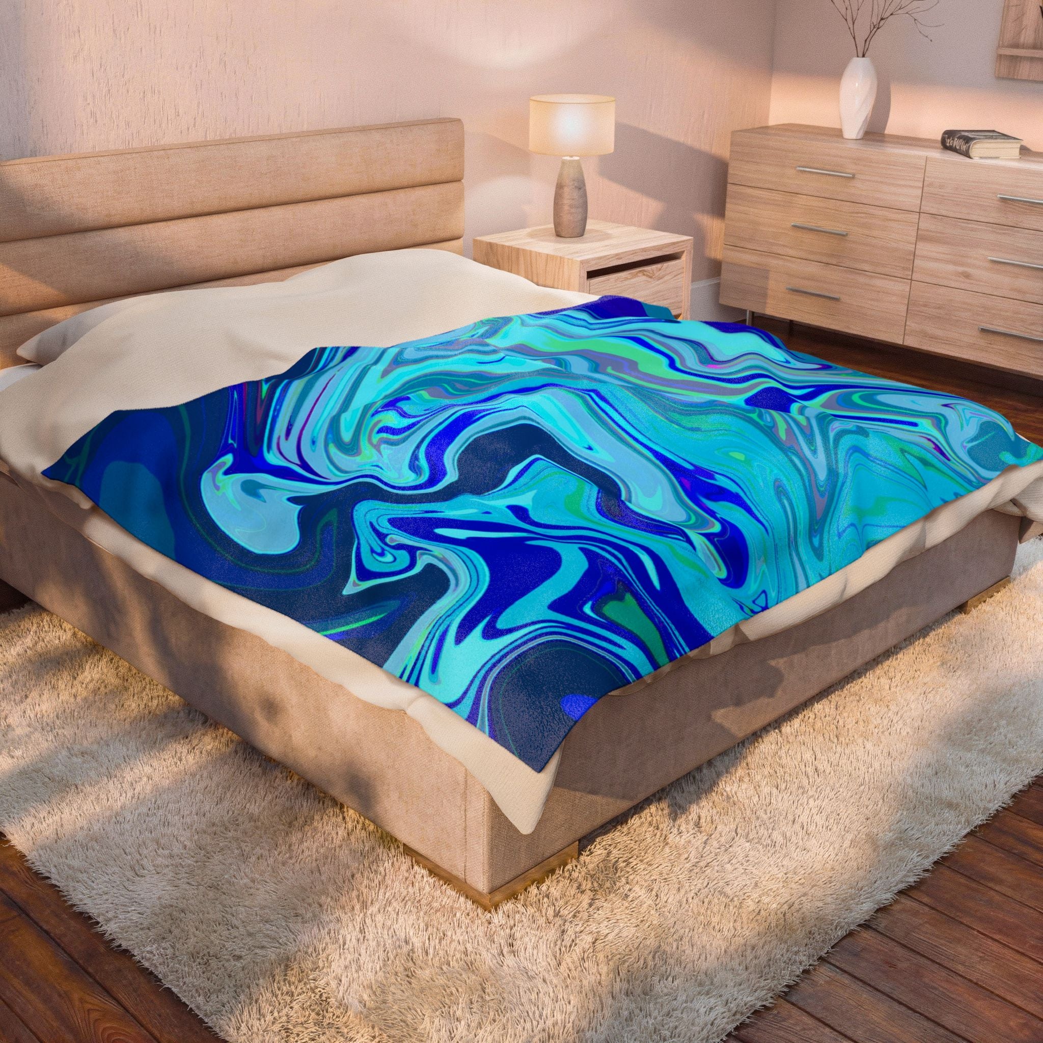 Blue Marble Swirl Velveteen Plush Blanket | Abstract Ocean Waves