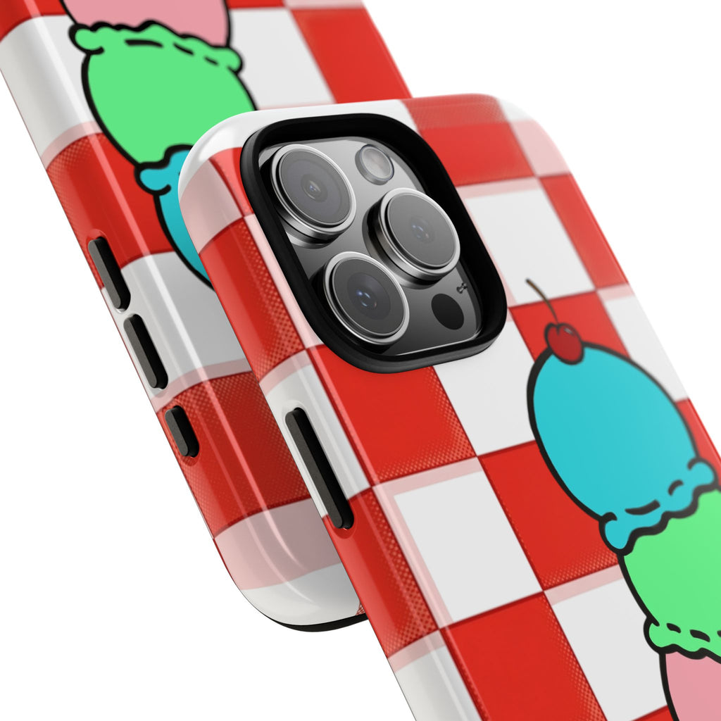 Ice Cream Cone iPhone Case — Red Picnic Tablecloth Pattern with Triple Scoop & Cherry