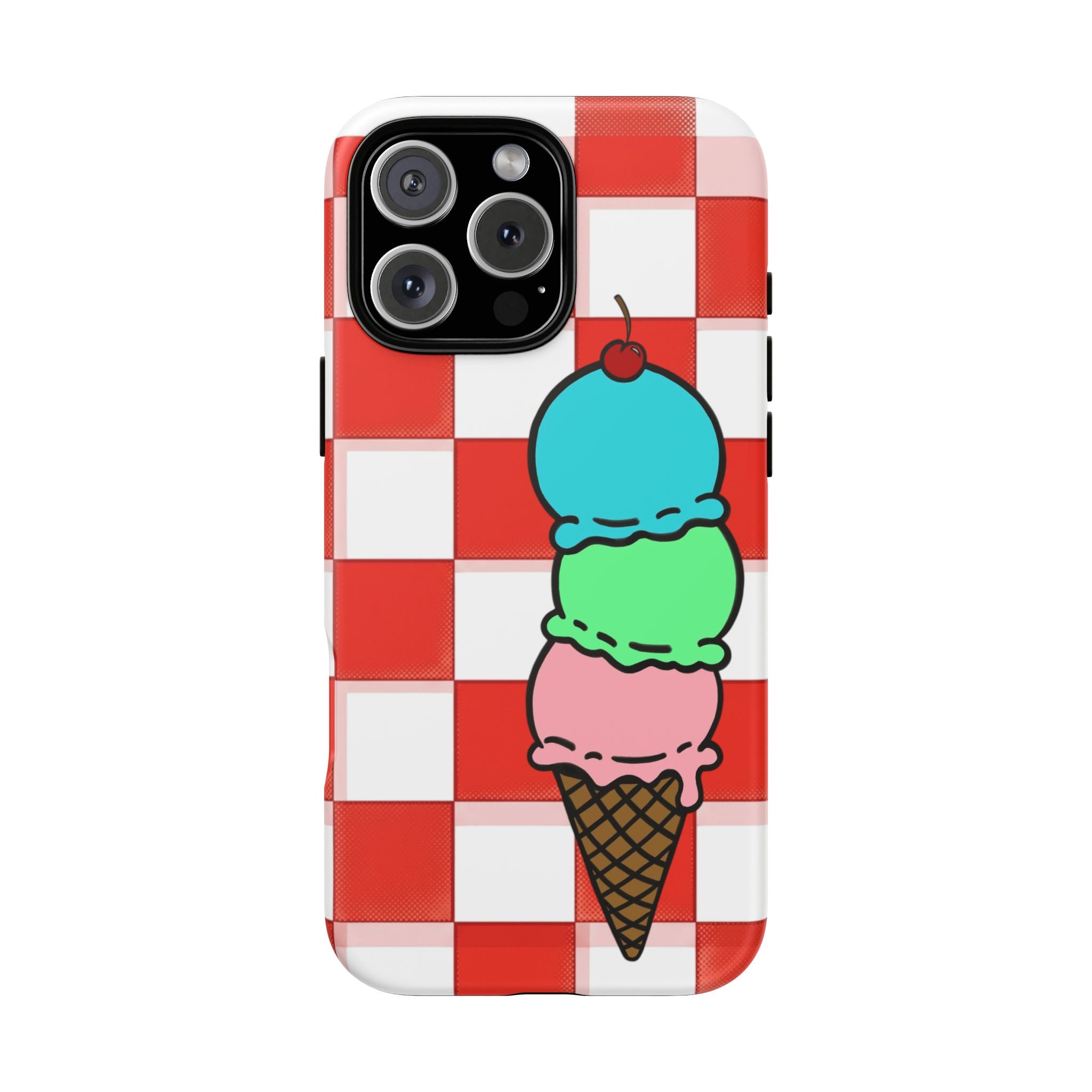 Ice Cream Cone iPhone Case — Red Picnic Tablecloth Pattern with Triple Scoop & Cherry