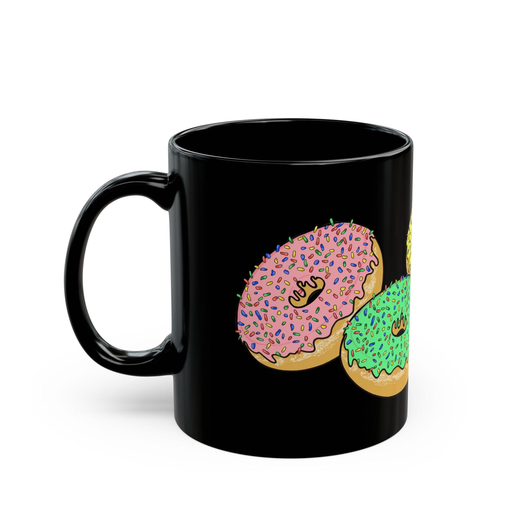 Colorful Sprinkled Donuts Black Mug | Ceramic Coffee Cup