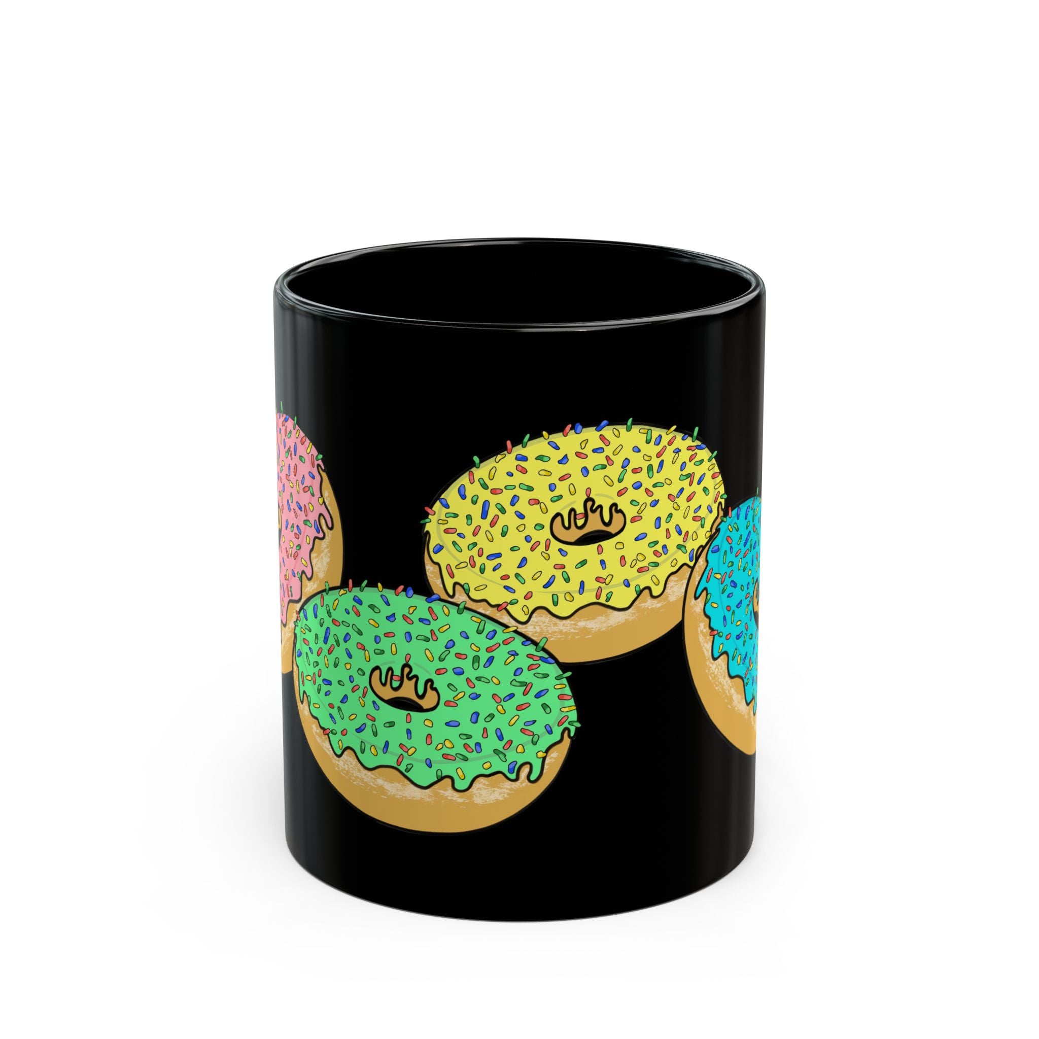 Colorful Sprinkled Donuts Black Mug | Ceramic Coffee Cup