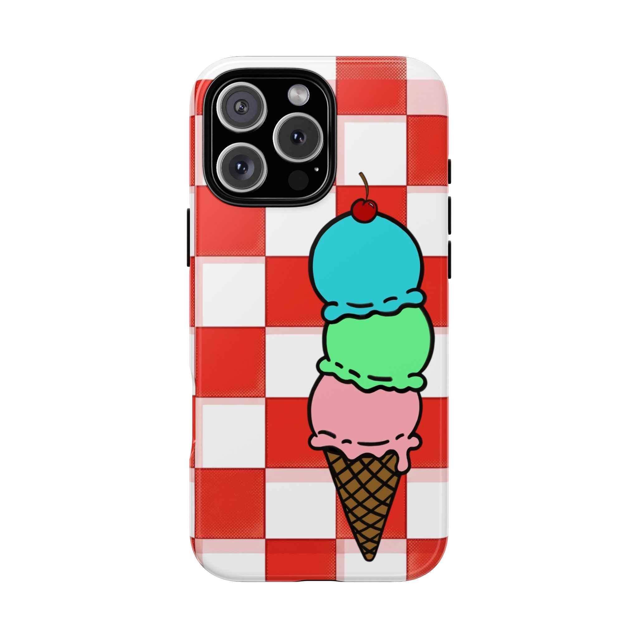 Ice Cream Cone iPhone Case — Red Picnic Tablecloth Pattern with Triple Scoop & Cherry