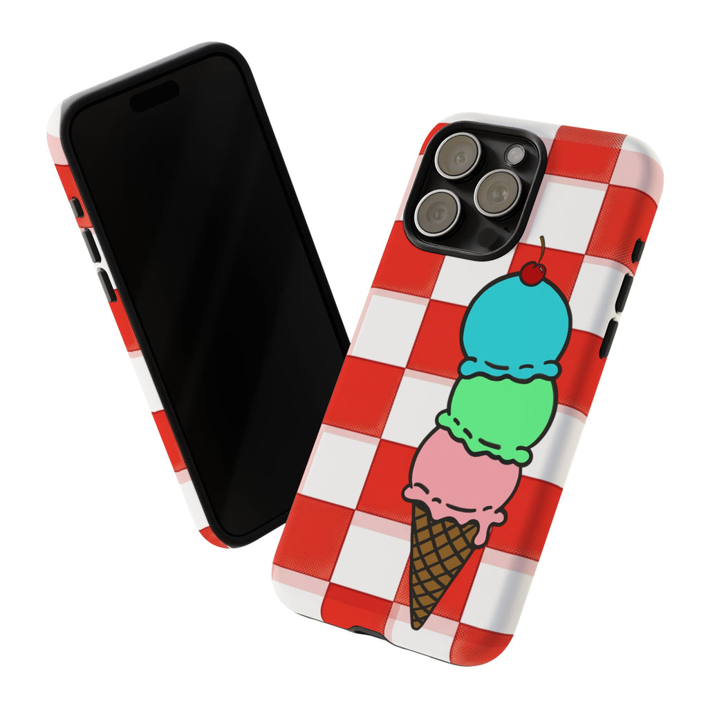 Ice Cream Cone iPhone Case — Red Picnic Tablecloth Pattern with Triple Scoop & Cherry