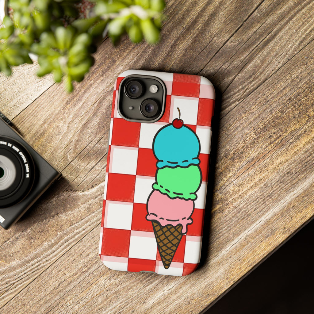 Ice Cream Cone iPhone Case — Red Picnic Tablecloth Pattern with Triple Scoop & Cherry