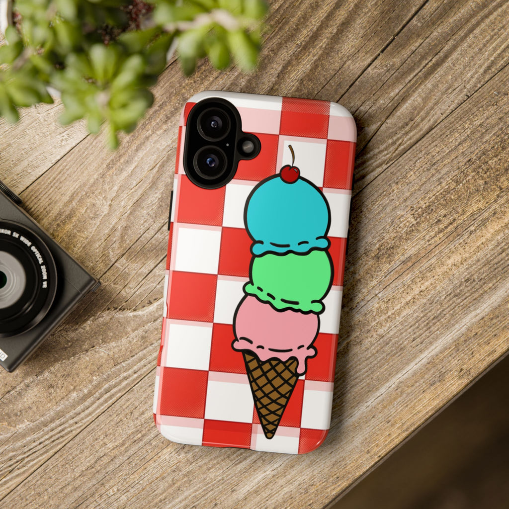 Ice Cream Cone iPhone Case — Red Picnic Tablecloth Pattern with Triple Scoop & Cherry