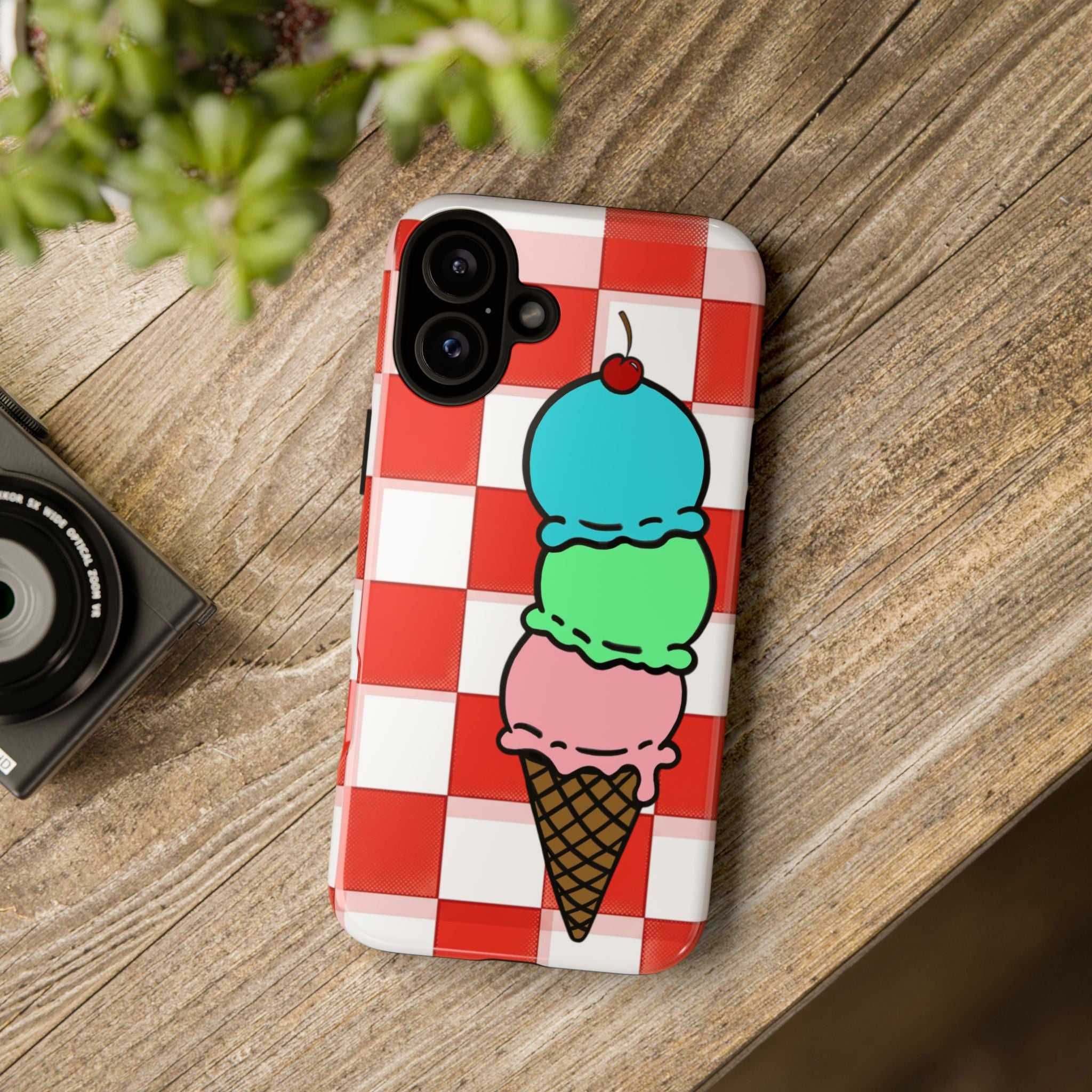 Ice Cream Cone iPhone Case — Red Picnic Tablecloth Pattern with Triple Scoop & Cherry