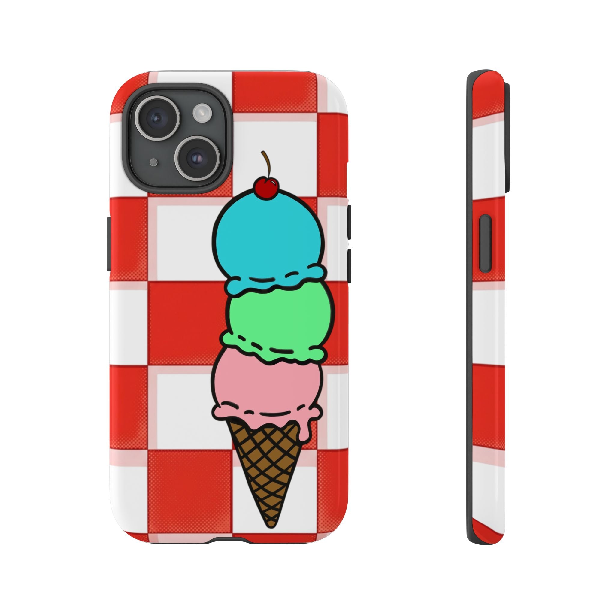 Ice Cream Cone iPhone Case — Red Picnic Tablecloth Pattern with Triple Scoop & Cherry