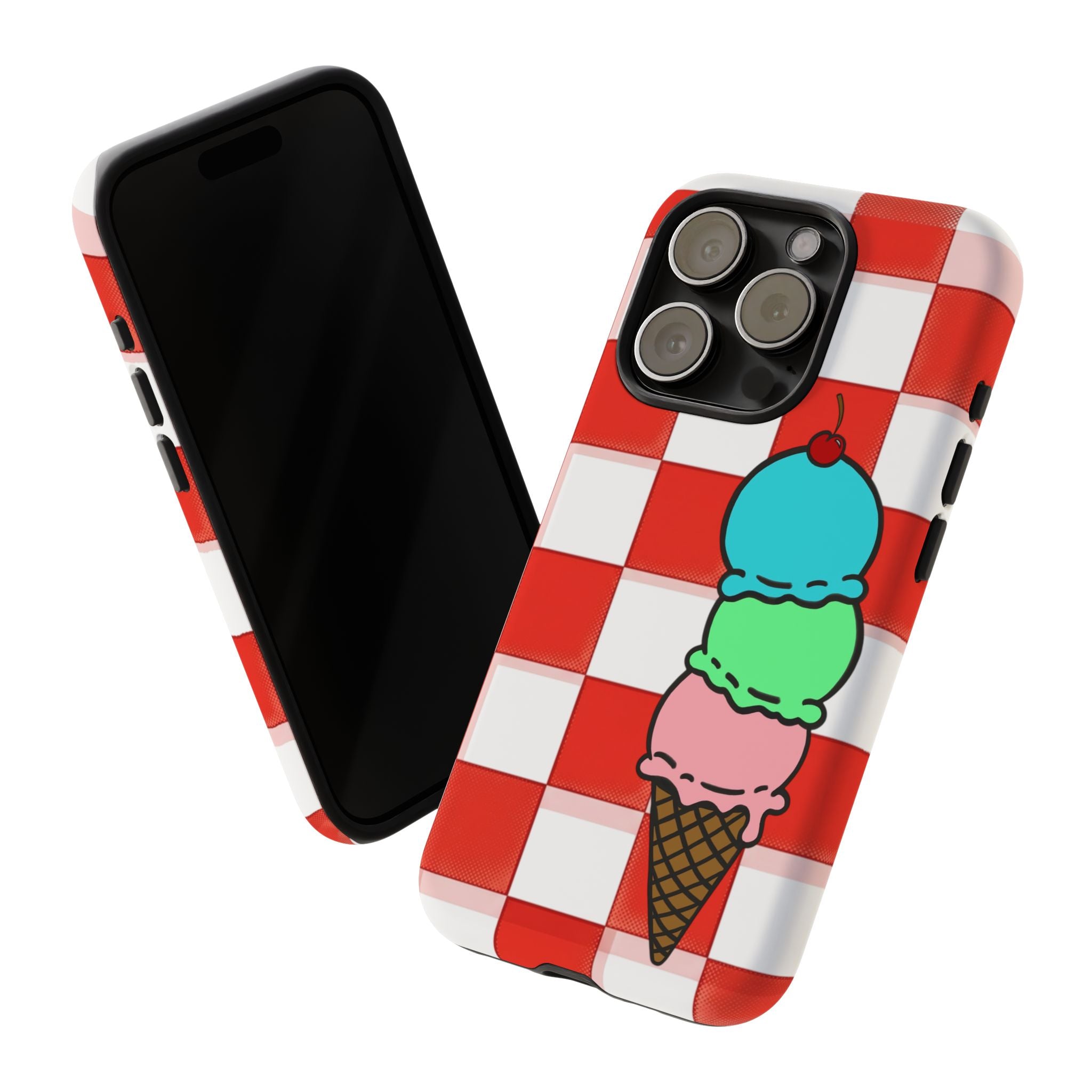 Ice Cream Cone iPhone Case — Red Picnic Tablecloth Pattern with Triple Scoop & Cherry