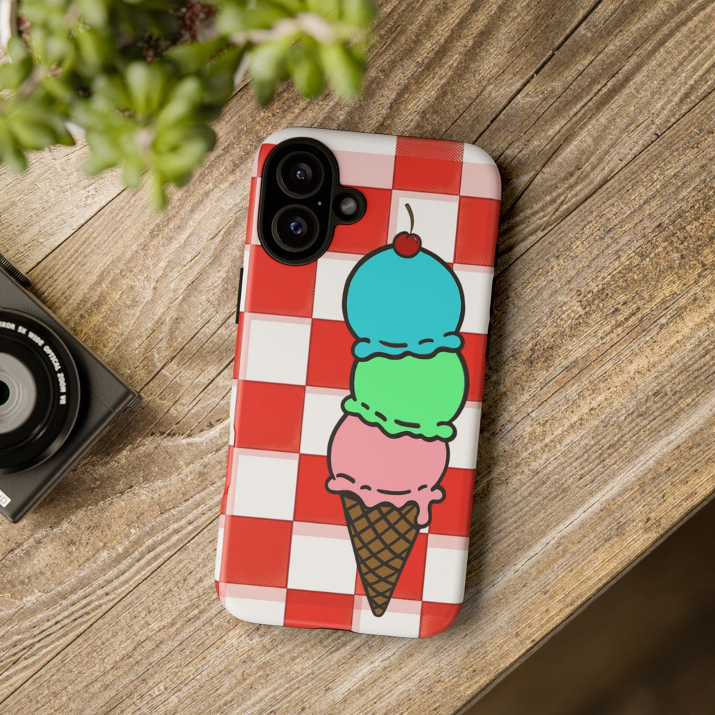 Ice Cream Cone iPhone Case — Red Picnic Tablecloth Pattern with Triple Scoop & Cherry
