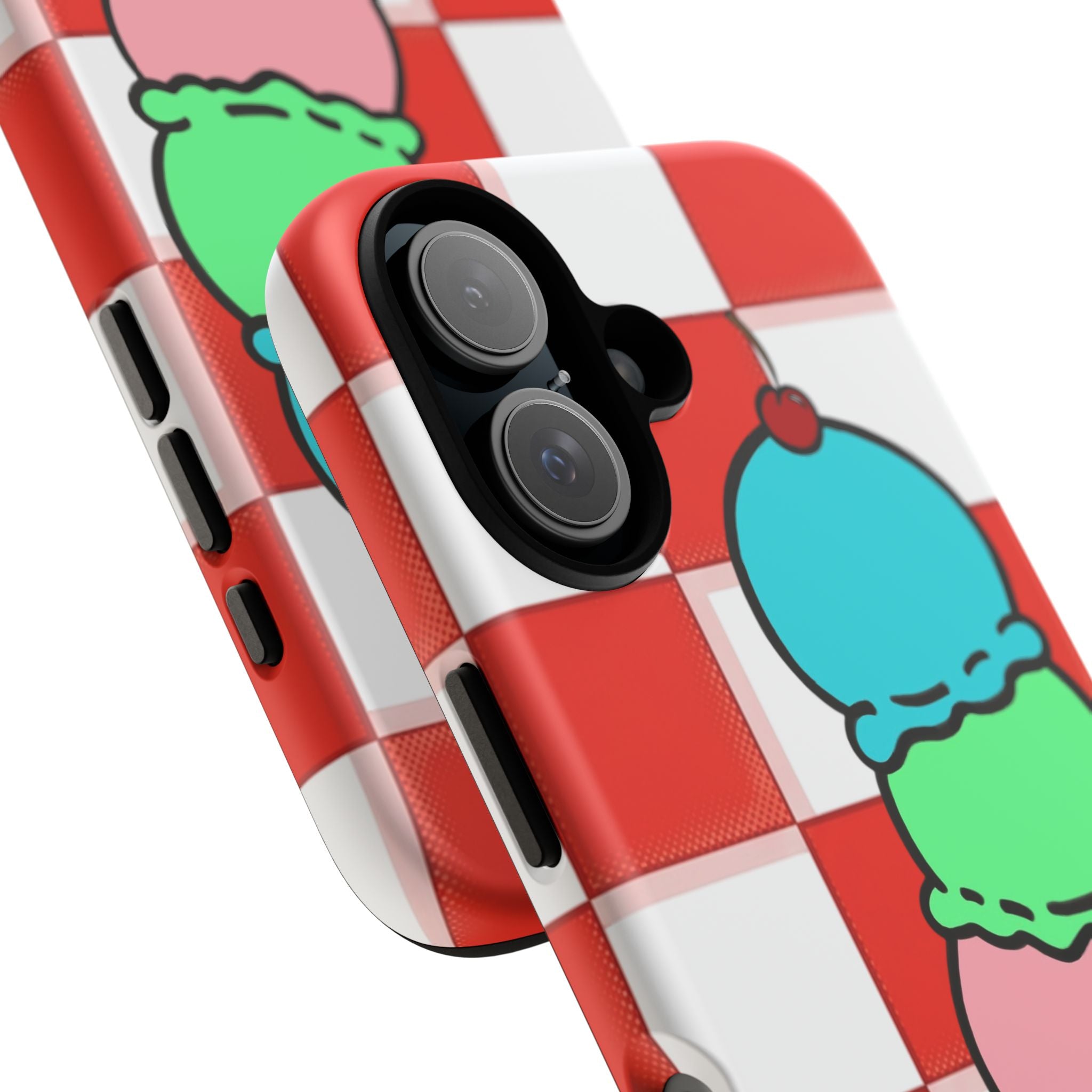 Ice Cream Cone iPhone Case — Red Picnic Tablecloth Pattern with Triple Scoop & Cherry