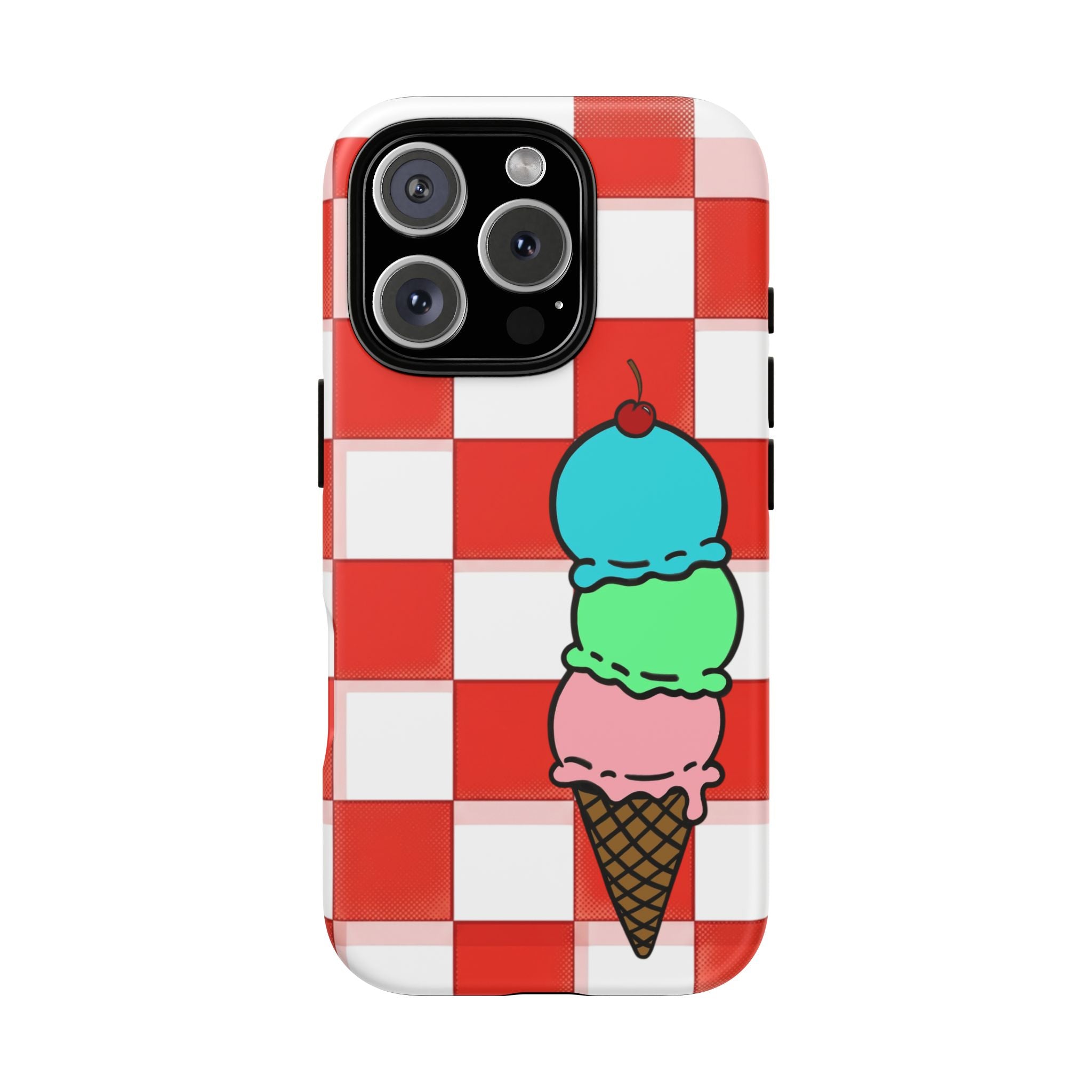 Ice Cream Cone iPhone Case — Red Picnic Tablecloth Pattern with Triple Scoop & Cherry