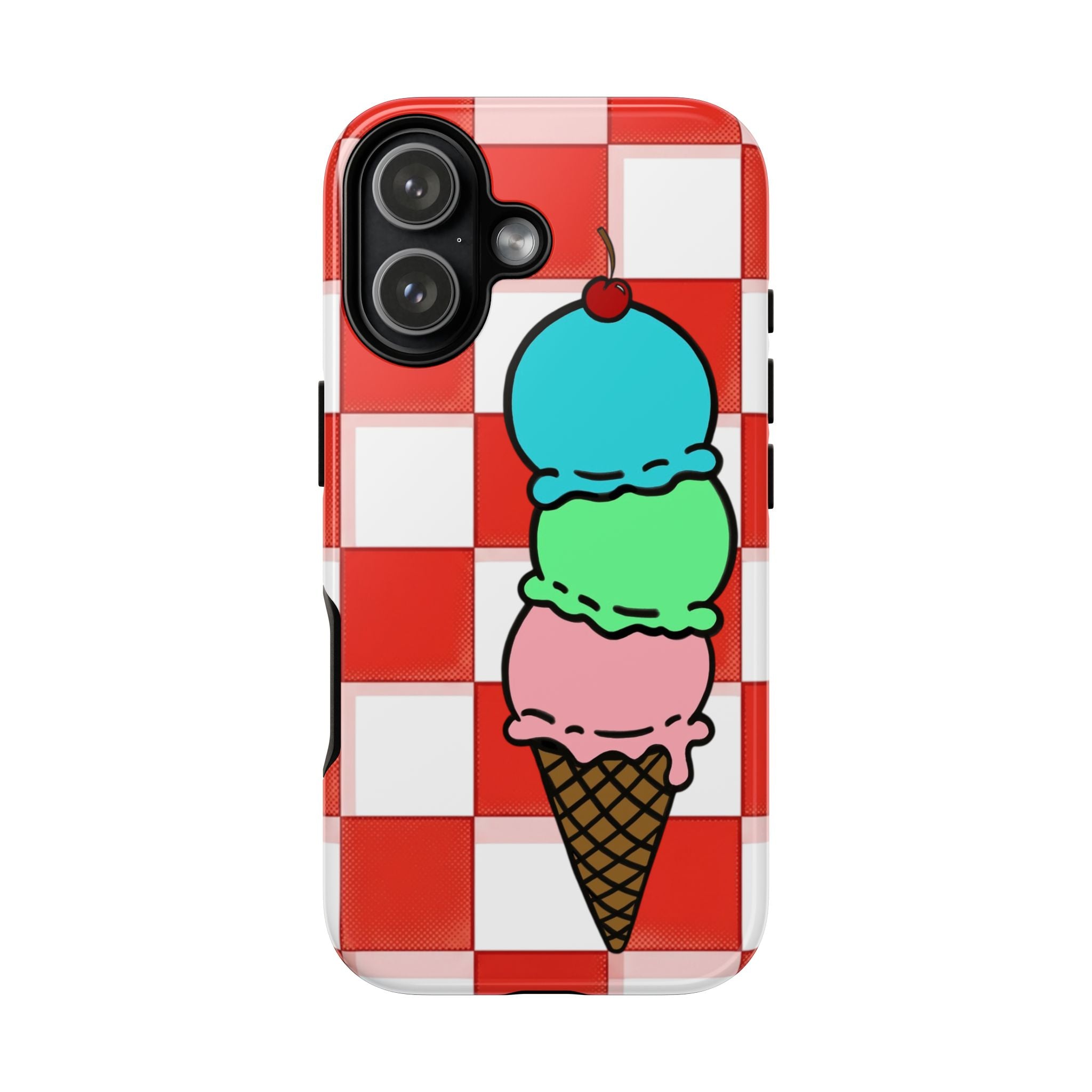 Ice Cream Cone iPhone Case — Red Picnic Tablecloth Pattern with Triple Scoop & Cherry