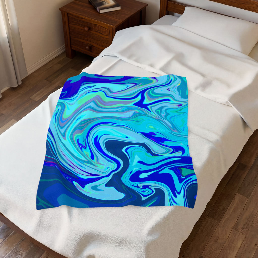 Blue Marble Swirl Velveteen Plush Blanket | Abstract Ocean Waves