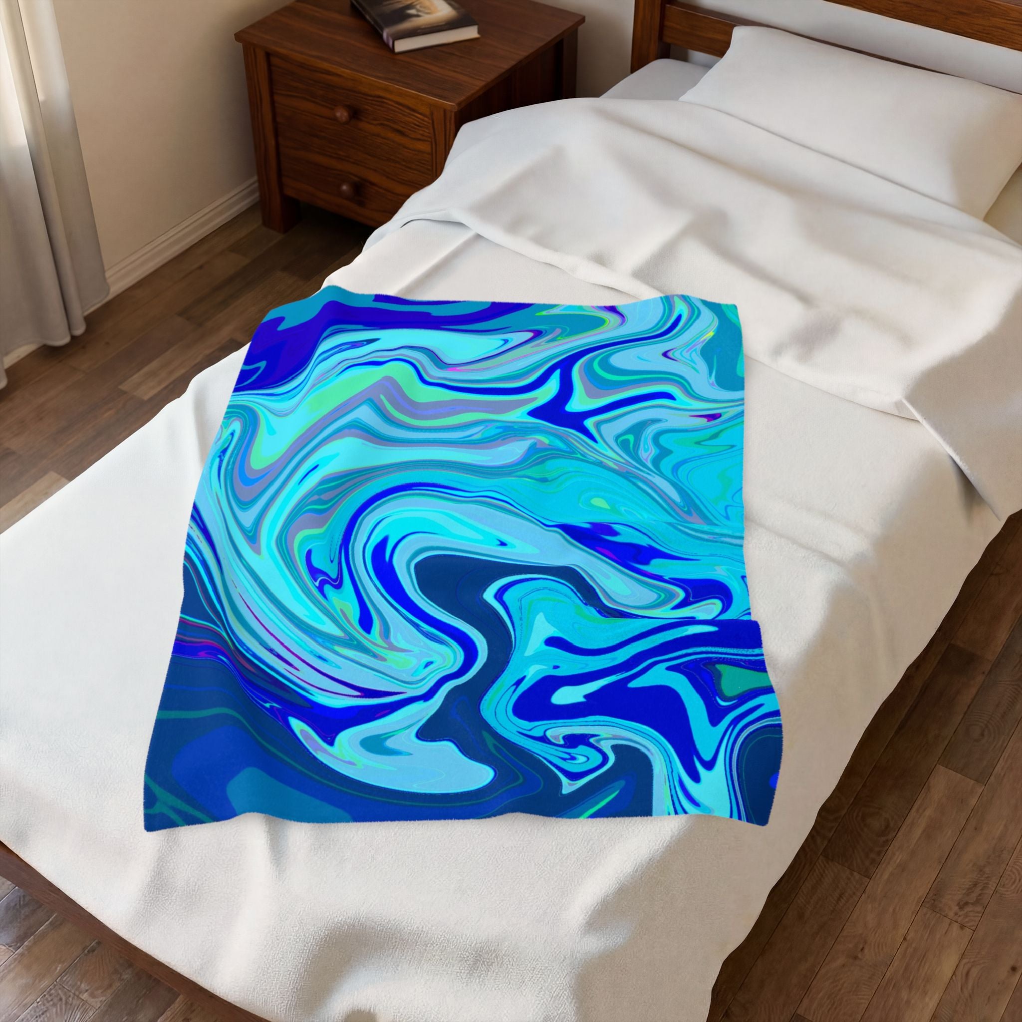 Blue Marble Swirl Velveteen Plush Blanket | Abstract Ocean Waves