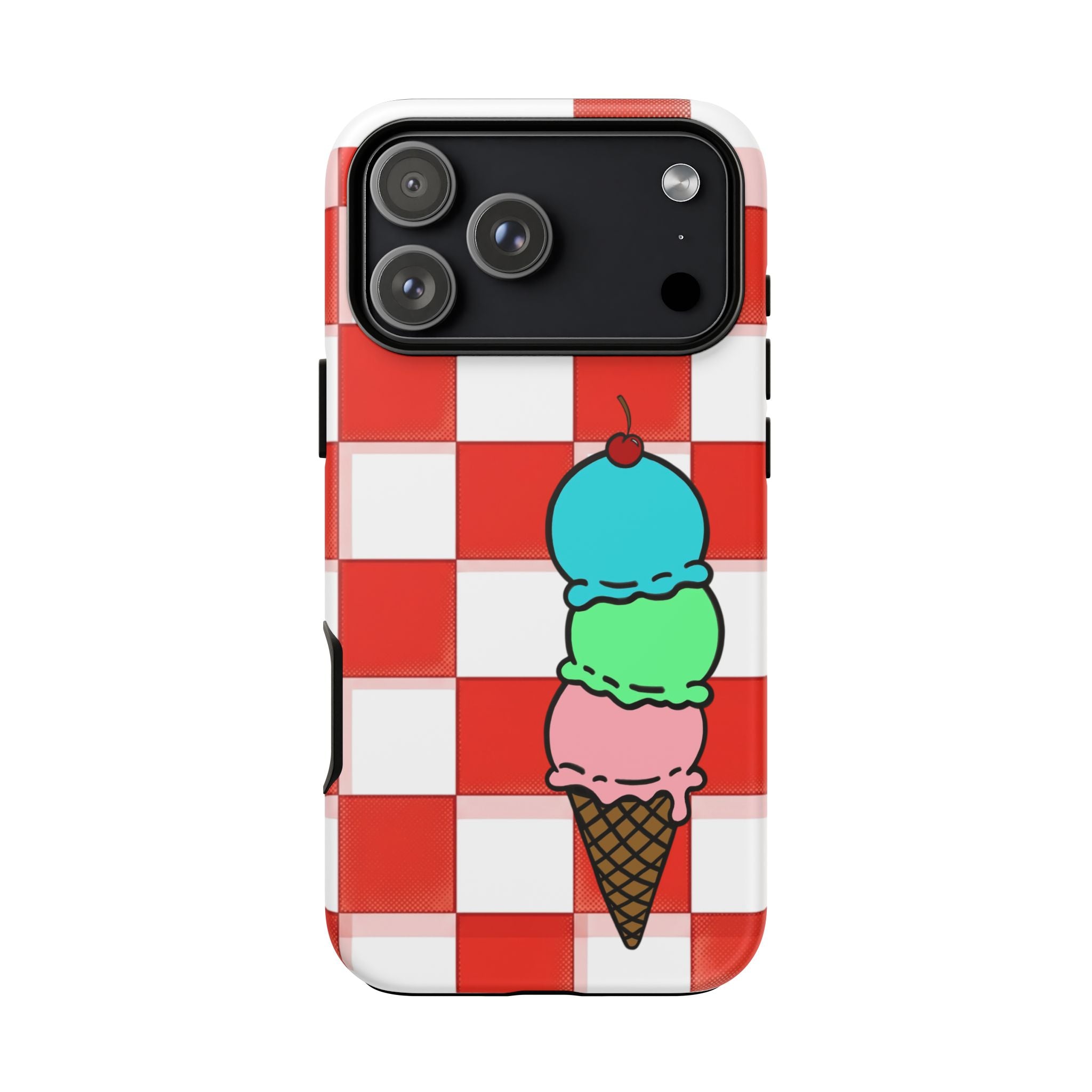 Ice Cream Cone iPhone Case — Red Picnic Tablecloth Pattern with Triple Scoop & Cherry