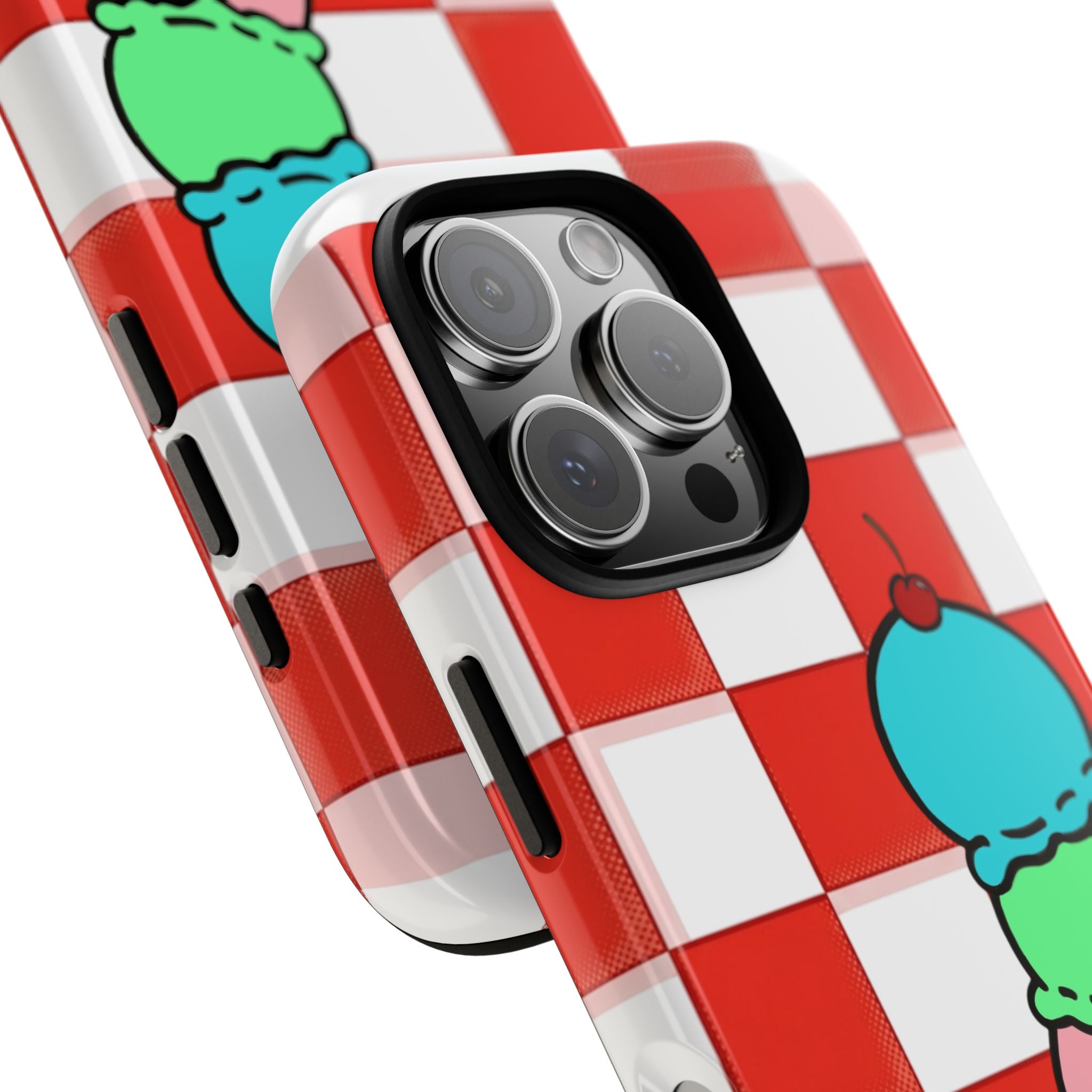 Ice Cream Cone iPhone Case — Red Picnic Tablecloth Pattern with Triple Scoop & Cherry