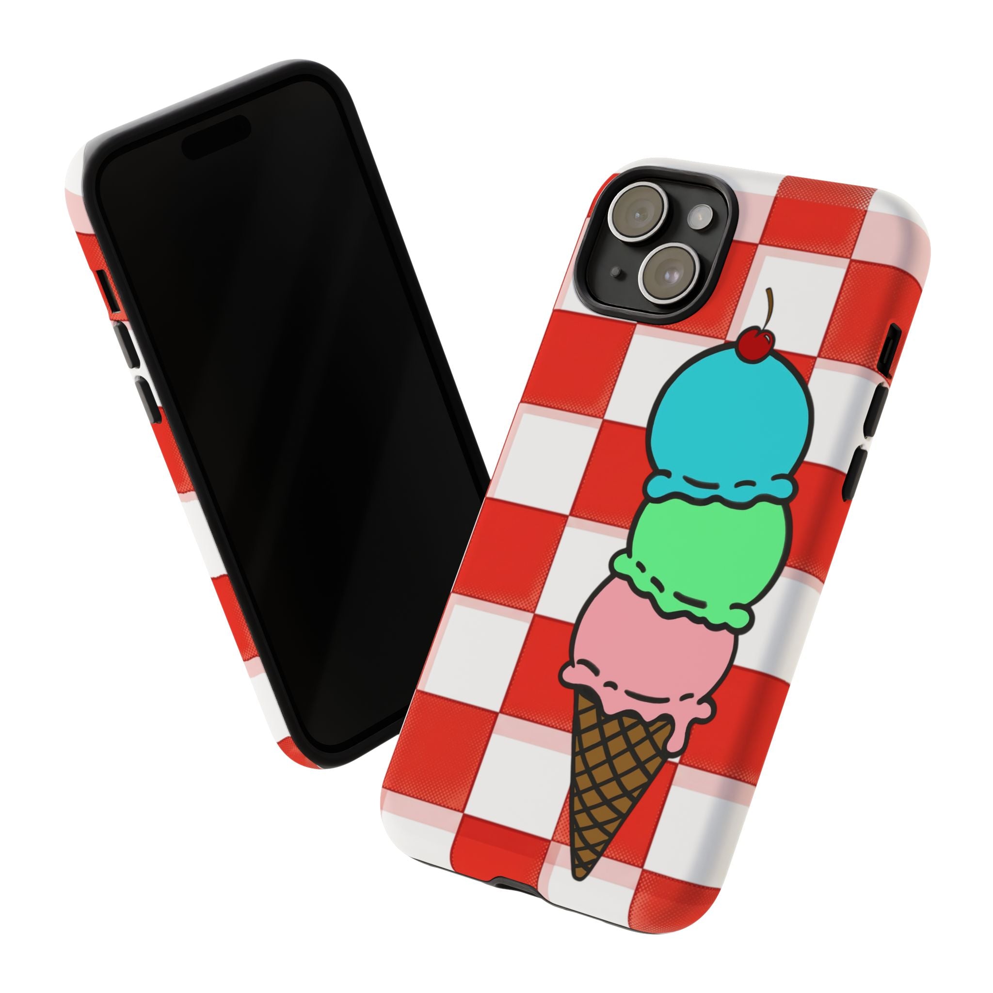 Ice Cream Cone iPhone Case — Red Picnic Tablecloth Pattern with Triple Scoop & Cherry