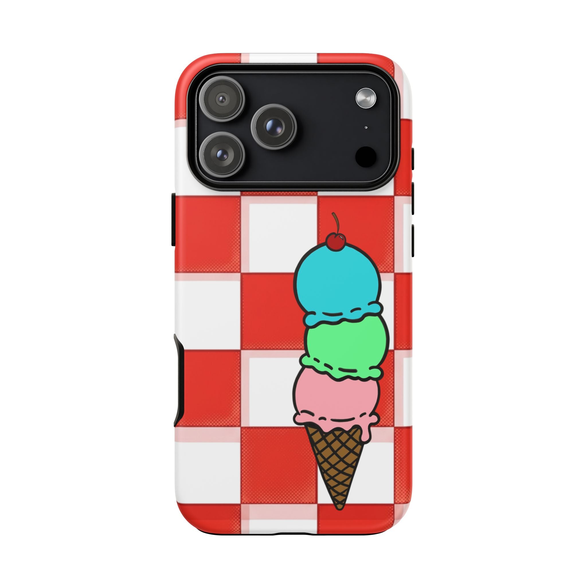 Ice Cream Cone iPhone Case — Red Picnic Tablecloth Pattern with Triple Scoop & Cherry