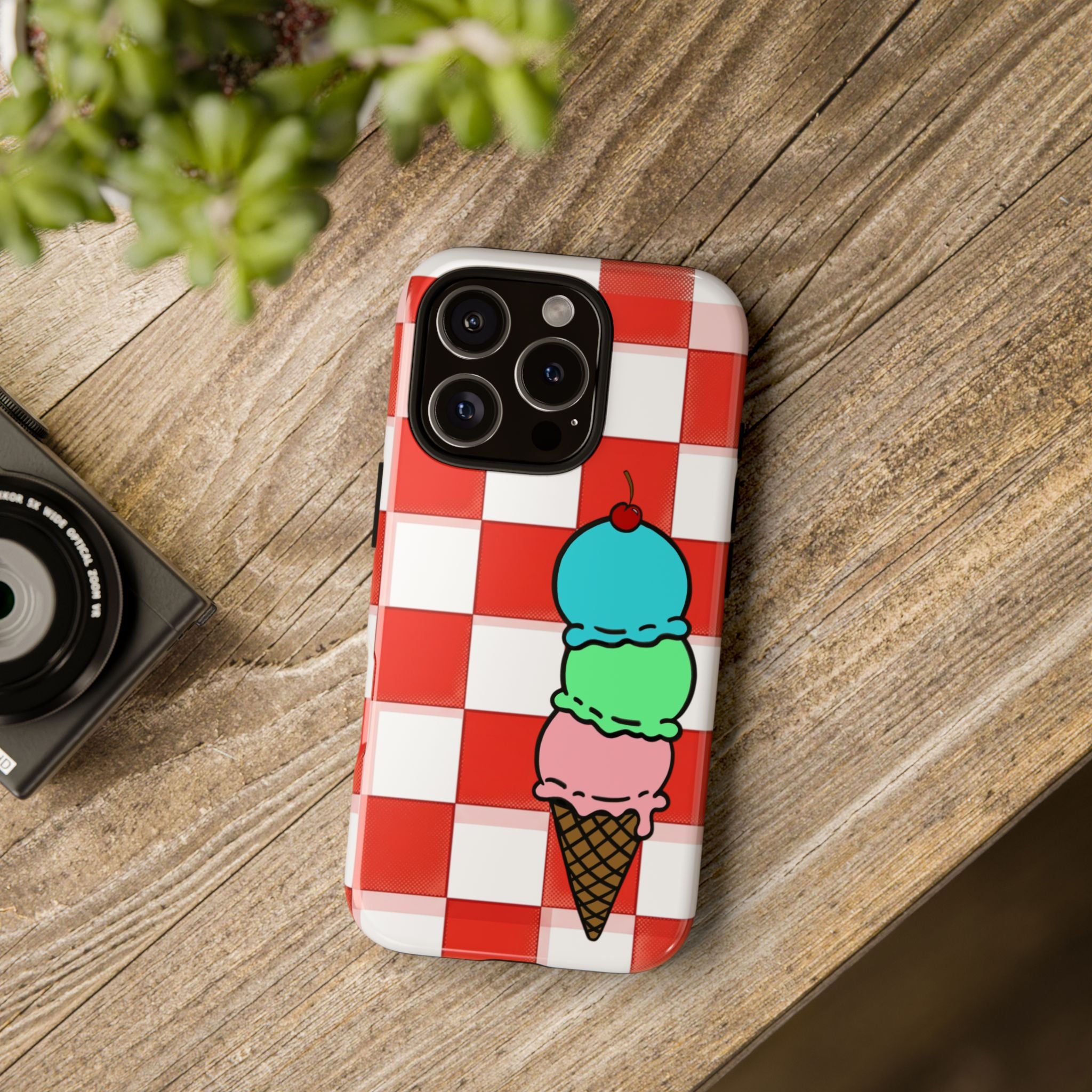 Ice Cream Cone iPhone Case — Red Picnic Tablecloth Pattern with Triple Scoop & Cherry