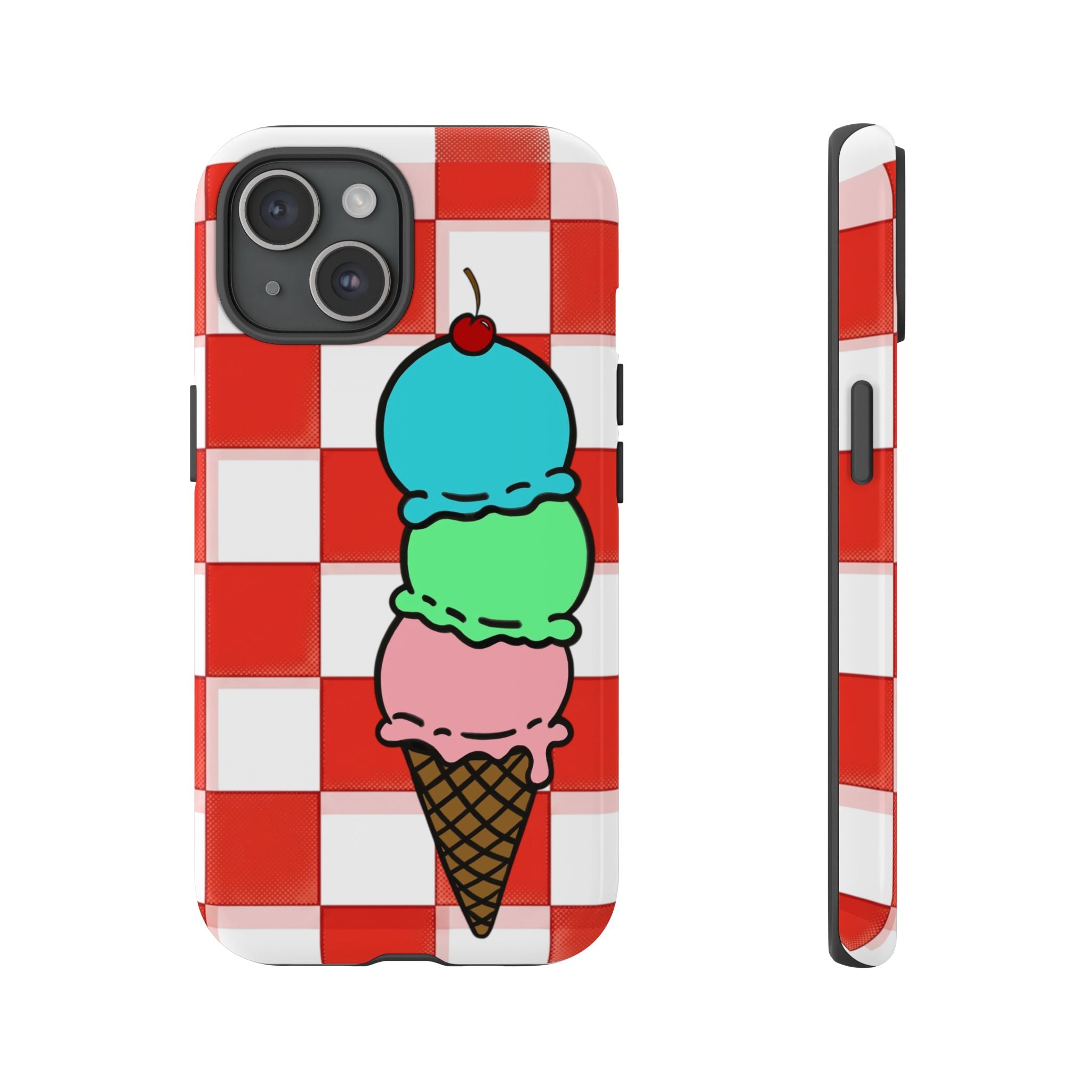 Ice Cream Cone iPhone Case — Red Picnic Tablecloth Pattern with Triple Scoop & Cherry