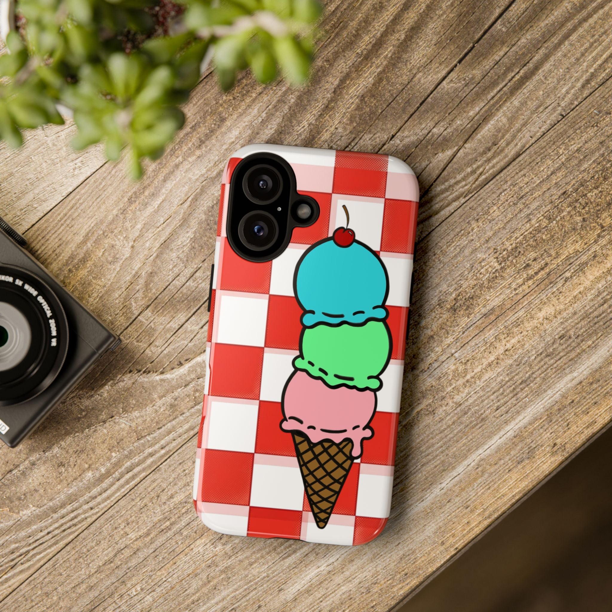 Ice Cream Cone iPhone Case — Red Picnic Tablecloth Pattern with Triple Scoop & Cherry