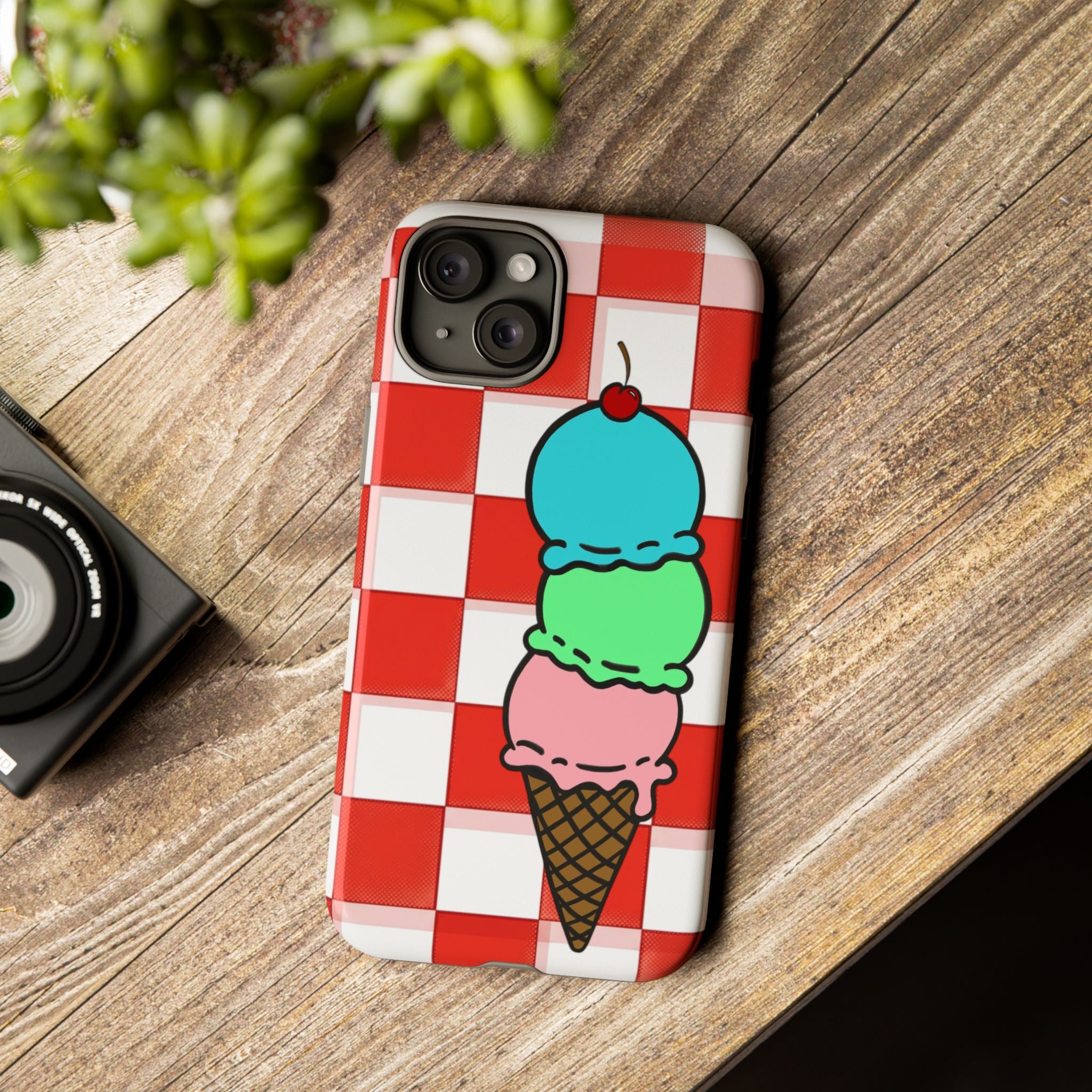 Ice Cream Cone iPhone Case — Red Picnic Tablecloth Pattern with Triple Scoop & Cherry