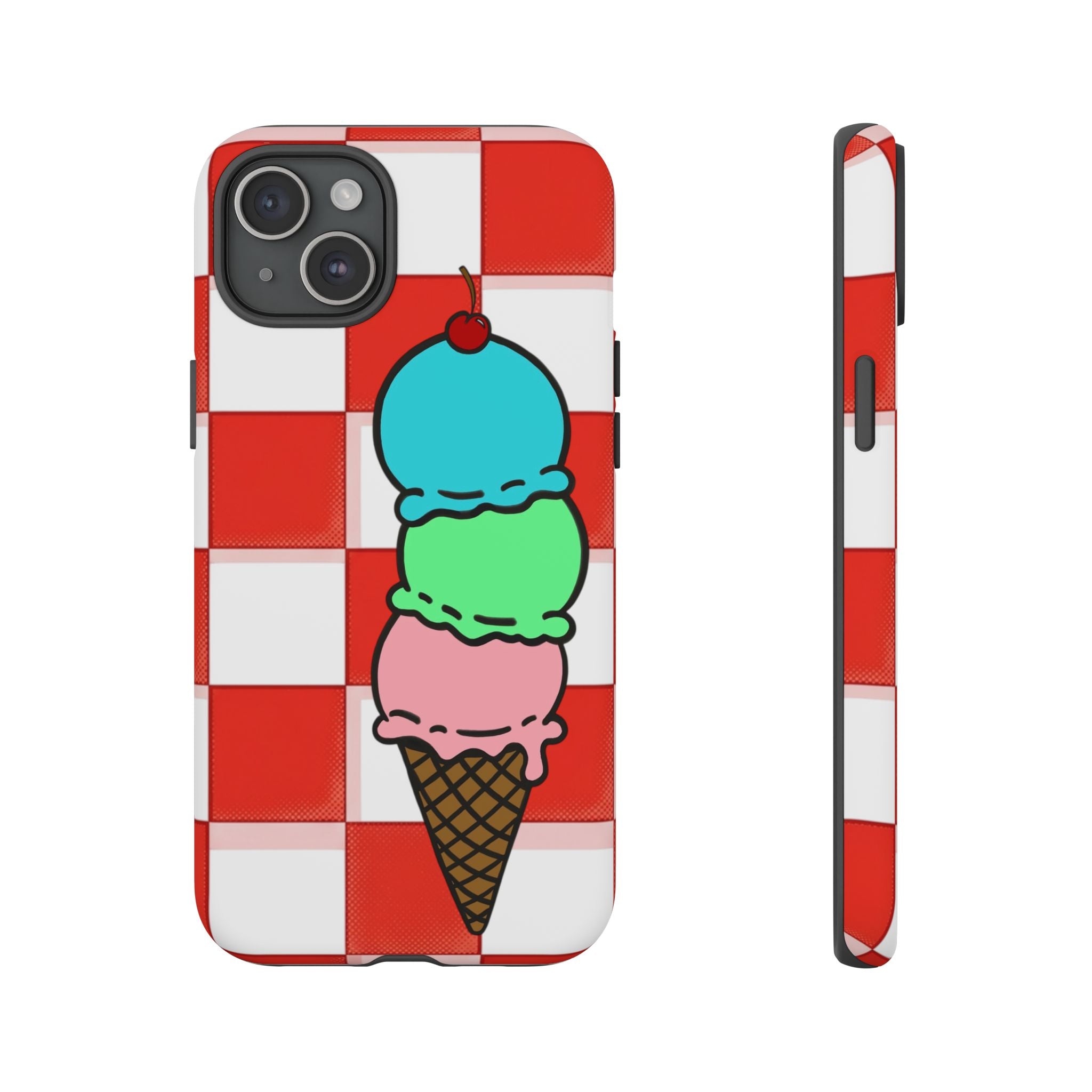 Ice Cream Cone iPhone Case — Red Picnic Tablecloth Pattern with Triple Scoop & Cherry