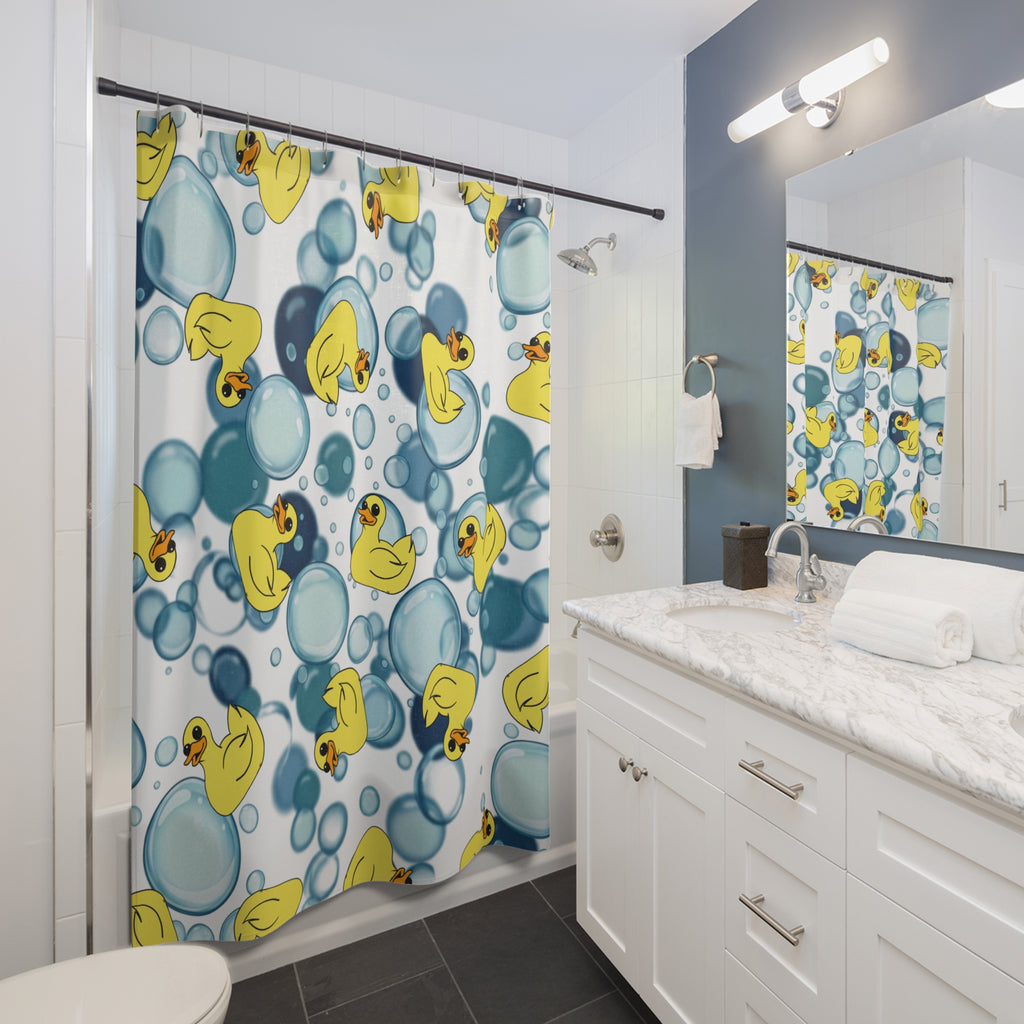 Kids Rubber Duck Shower Curtain — Bubble Bath Bathroom Decor