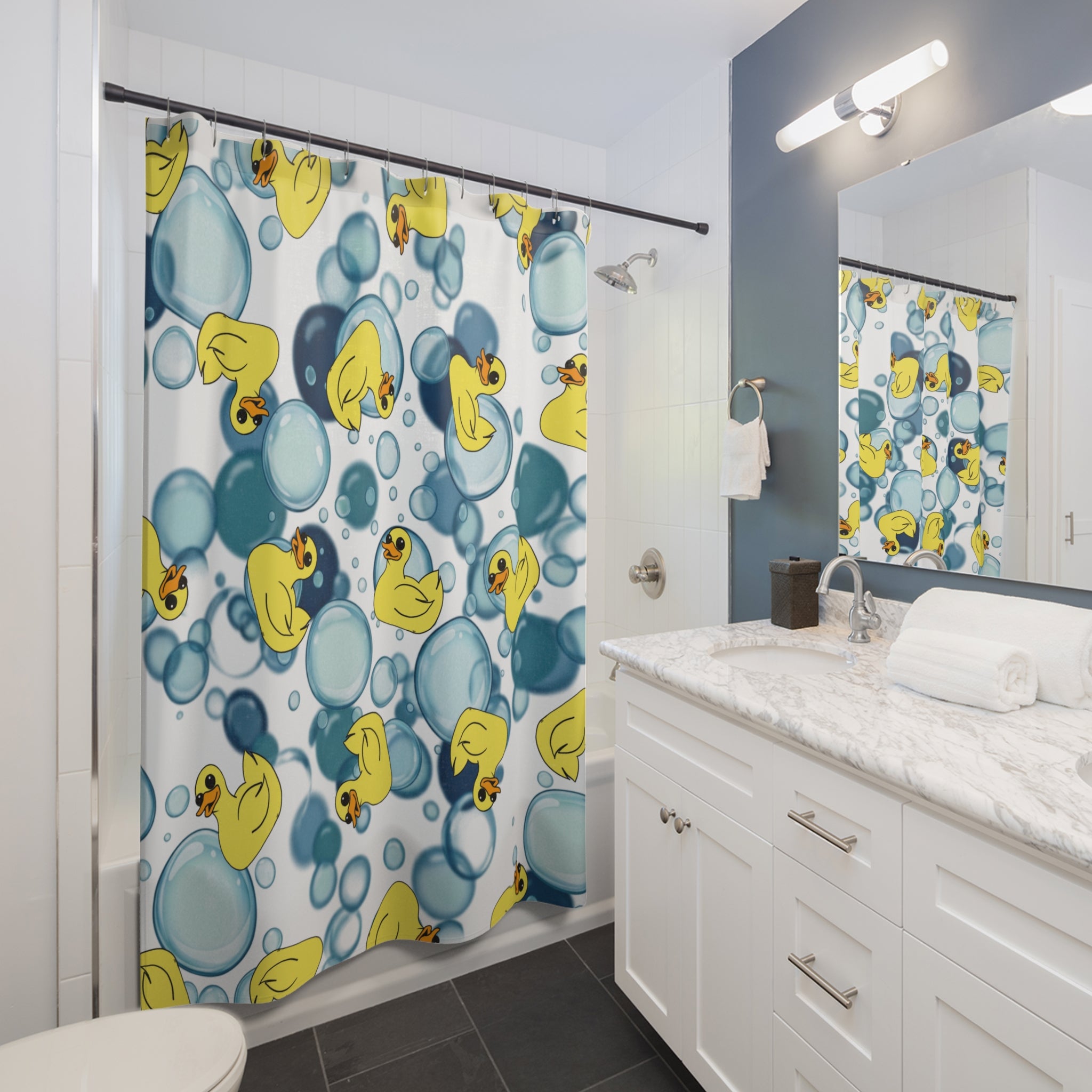 Kids Rubber Duck Shower Curtain — Bubble Bath Bathroom Decor